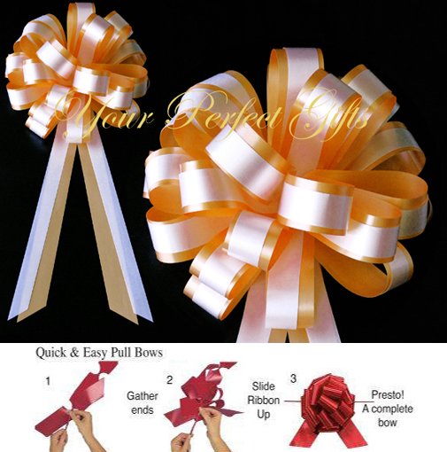 10 GOLD ORANGE & WHITE 8" TWO LAYER WEDDING PULL PEW BOW BRIDAL CAKE GIFT BASKET DECORCATION