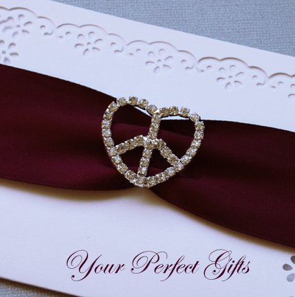 50 Heart Peace Sign 1-1/4" Silver Diamante Rhinestone Ribbon Buckle Slider Wedding Invitation BK044