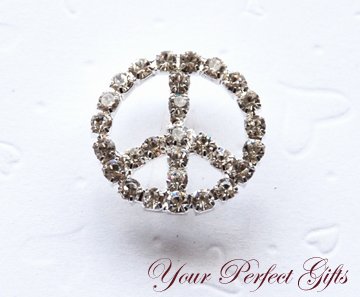 24 Round 24mm Peace Sign Silver Diamante Rhinestone Ribbon Buckle Slider BK014
