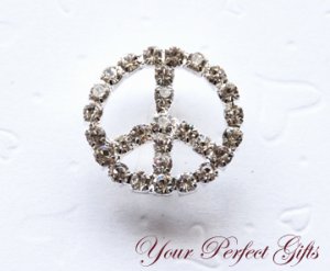 24  Round 24mm Peace Sign Silver Diamante Rhinestone Ribbon Buckle Slider BK014