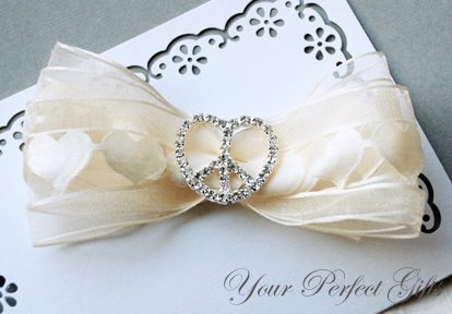 50 Heart Peace Sign 1-1/8" Silver Diamante Rhinestone Ribbon Buckle Slider Wedding Invitation BK042