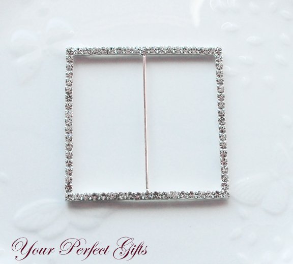 12 SQUARE 3" Silver Diamante Rhinestone Ribbon Buckle Sliders Wedding Invitation BK033