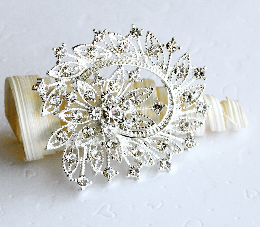 1 pc 2-3/8" Flower Rhinestone Crystal Diamante Silver Brooch Pin Jewelry Cake Decoration BR018