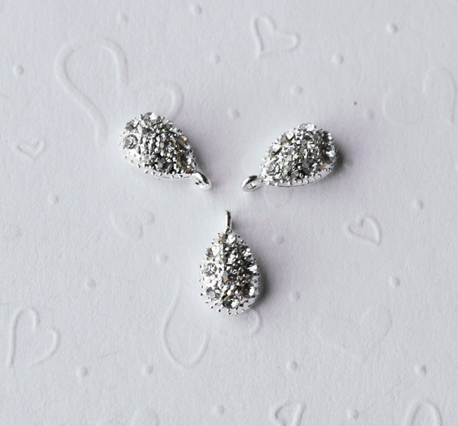 10 pcs Teardrop Pendant Charm Silver Plated Clear Crystal Rhinestone AC996