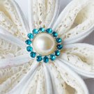 10 Rhinestone Pearl Button Teal Blue Crystal Hair Flower Clip Wedding Invitation BT116