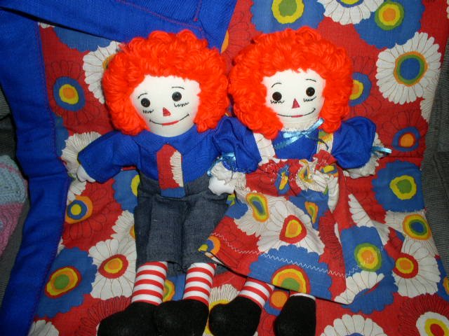 Handmade One of a Kind Raggedy Ann and Andy Dolls plus Matched Quilt Primary Colors! OOAK