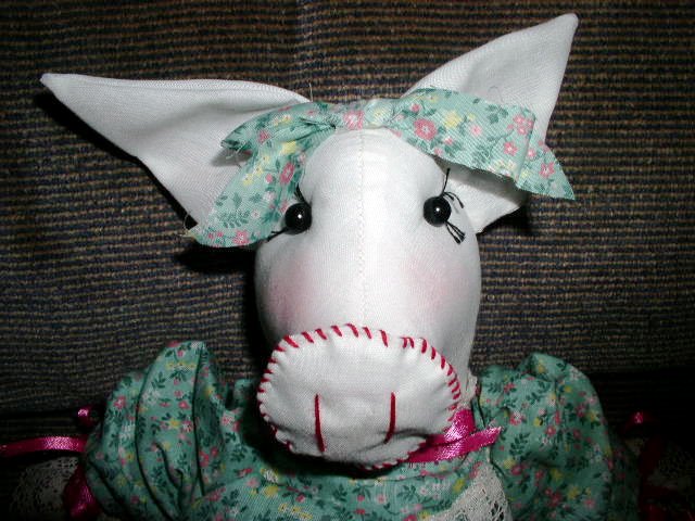Handmade One of a Kind Cloth Animal Pig Doll Hand crafted Dolls Hand embroidered face!
