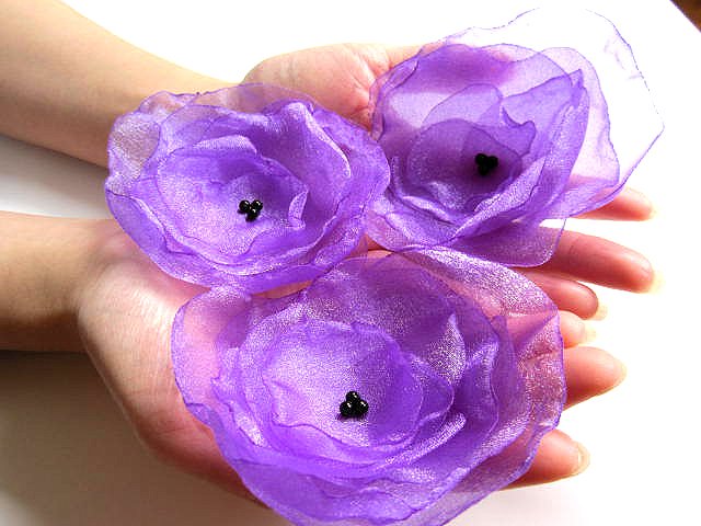 3 X HANDMADE SHIMMERING ORGANZA FLOWERS - purple