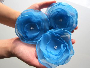 3 X BEAUTIFUL HANDMADE BLOSSOMS -  Blue