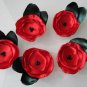 5 X HANDMADE SATIN FLOWERS WITH LEAVES - RED