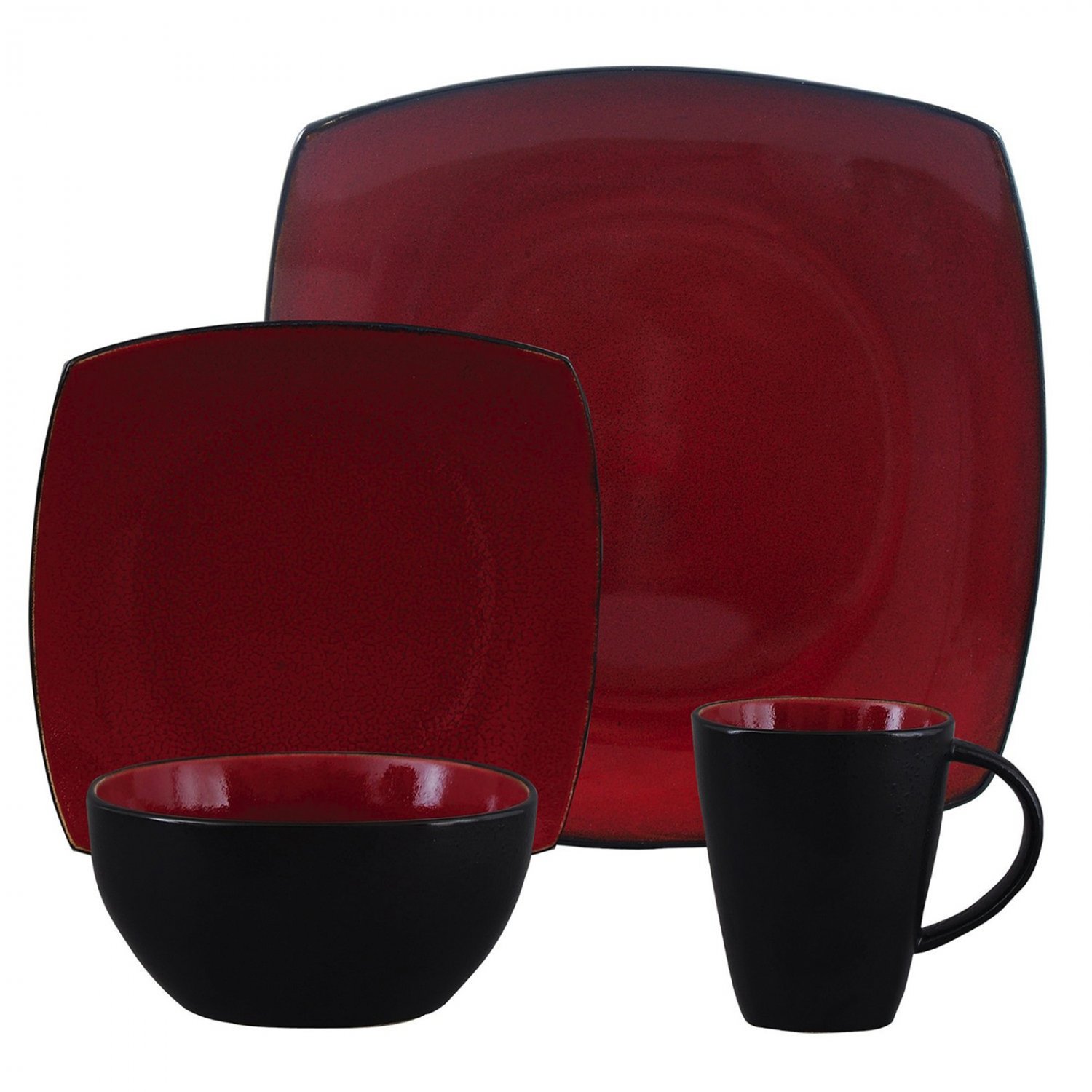Soho Lounge 16 Piece Square Stoneware Dinnerware Set Red Black