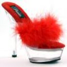 201F Red - Open toe, 5 inch spike heel, faux feather toe strap, clear heel & platform.