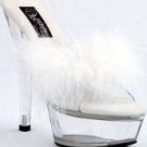 201F White - Open toe, 5 inch spike heel, faux feather toe strap, clear heel & platform.