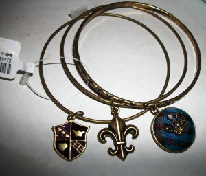 Fleur de Lis & Crown Charm Bangles, Set of 3 Bracelets, brass colored