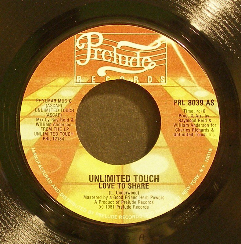 UNLIMITED TOUCH~Love to Share / Private Party~ Prelude PRL 8039 1981, 45 VG++