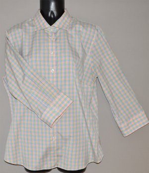 LANDS END Women's stretch 3/4 sleeve plaid fitted button up dress shirt 12