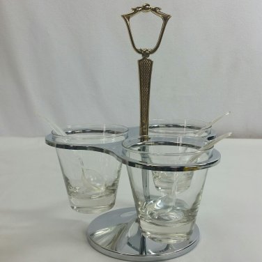 Komex Condiment Carousel Server Silver chrome gold w Spoons Serving Dish Handle