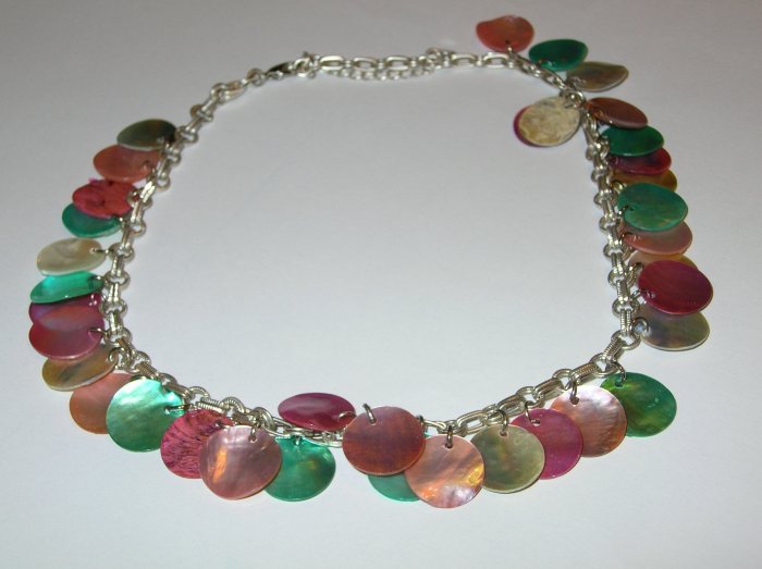 Reversible colourful shell necklace on silver chain