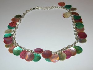 Reversible colourful shell necklace on silver chain