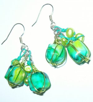 Glass bead, pearls and wire wrapped earrings