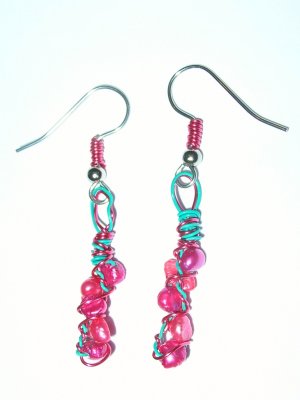 Pearl and aqua wire earrings