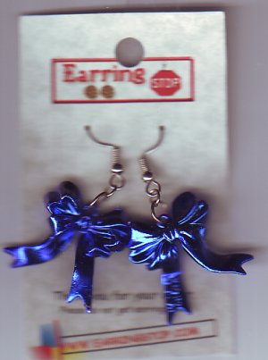 Dangle Earrings Blue Ribbon Bow Handmade  #H017