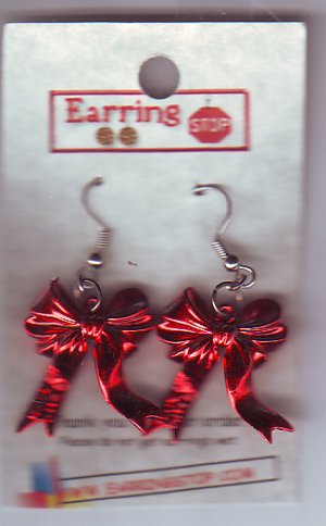 Red Ribbon Bow Dangle Earrings Handmade  H004