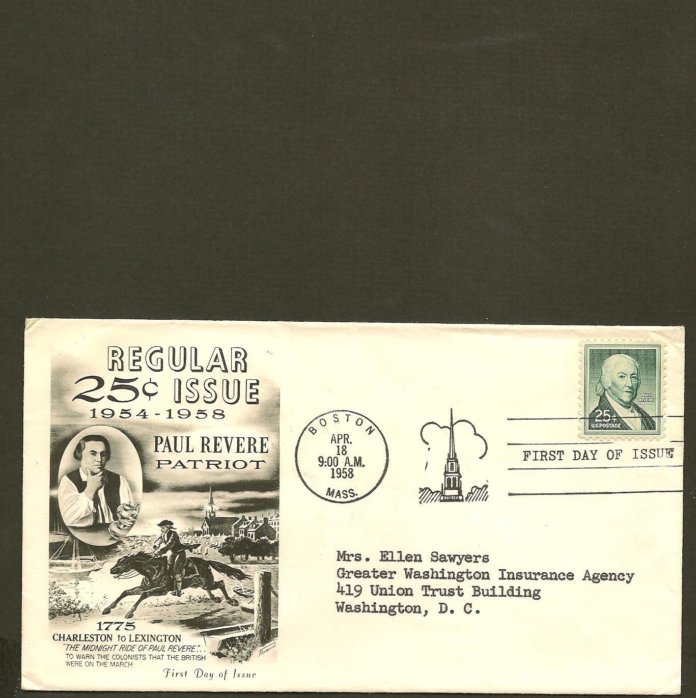 1958 USPS Fleetwood FDC Scott 1048 Boston, MA Paul Revere First Day