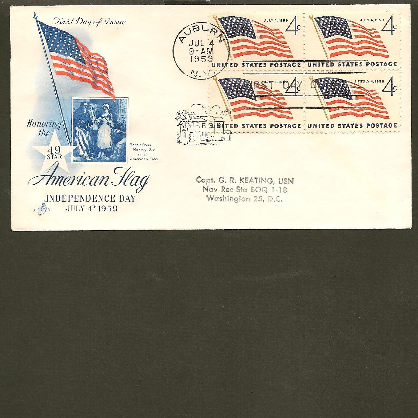 1959 USPS Artcraft FDC Scott #1132 Block of 4 -Auburn, NY - 49 Star ...