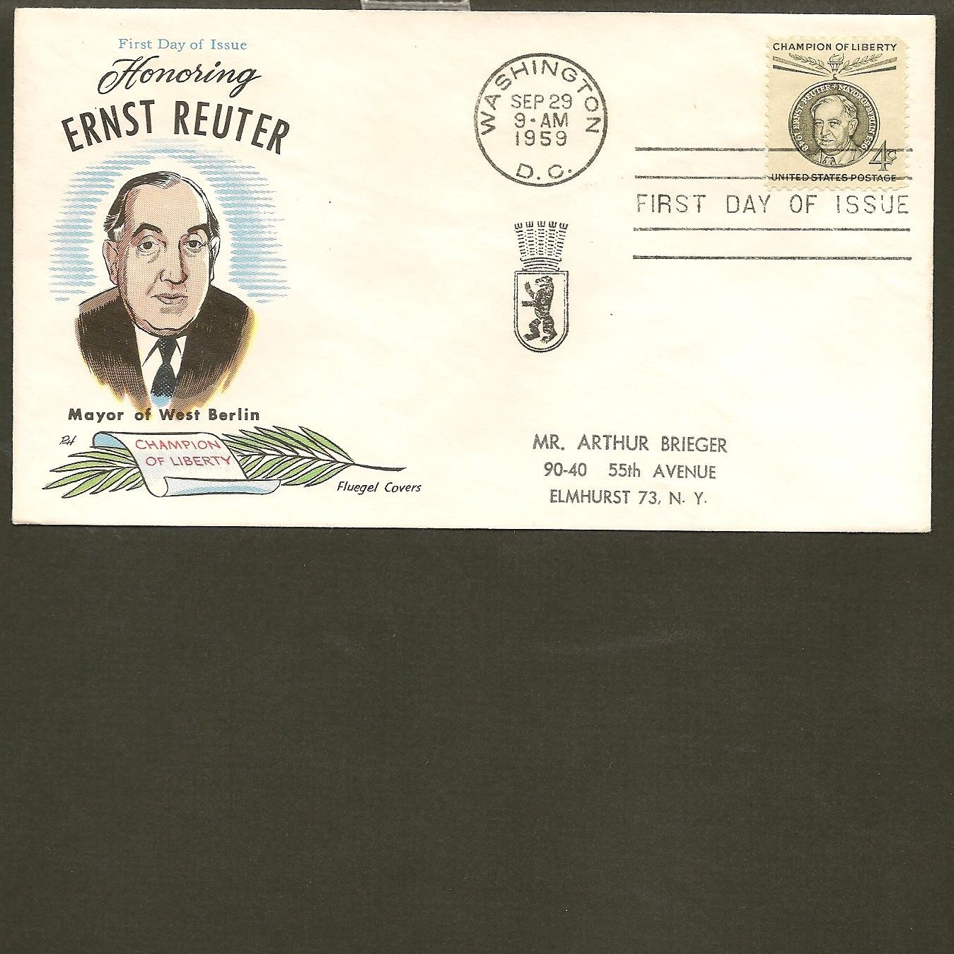 1959 USPS Fluegel FDC Scott #1136 -Washington, DC - Ernst Reuter -First ...