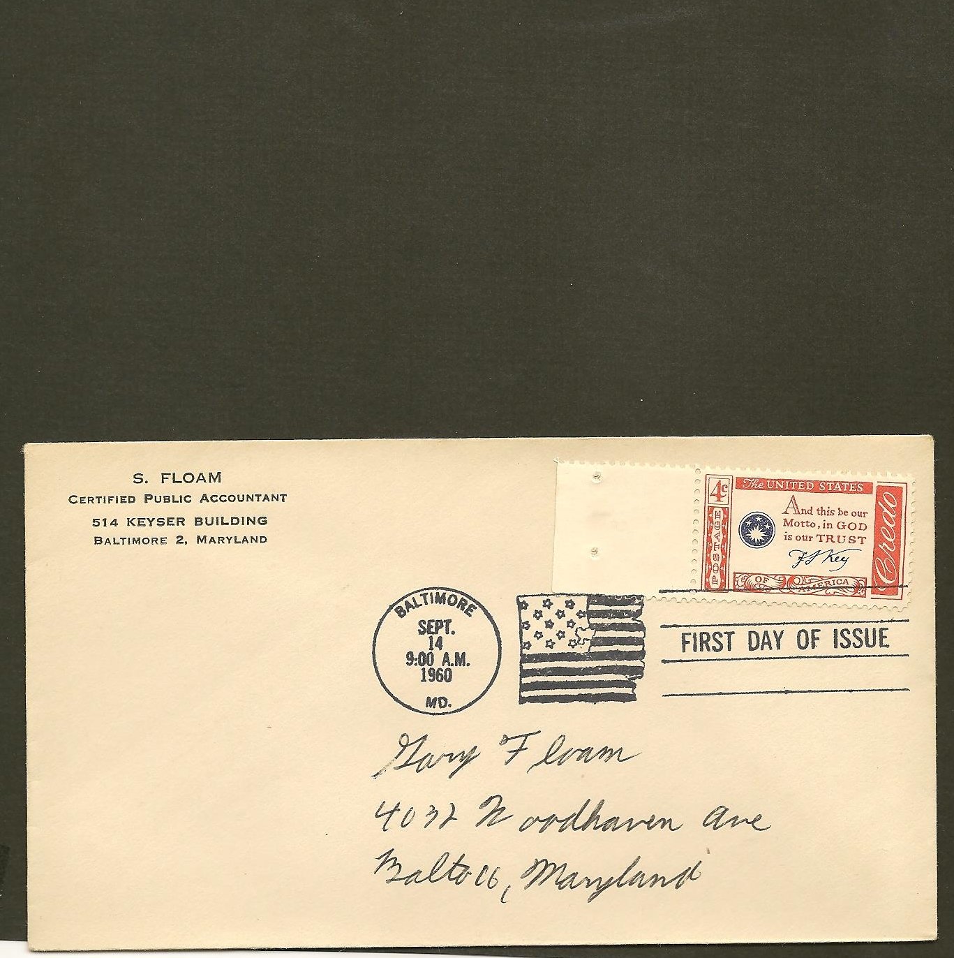 1960 USPS Scott #1142 No Cachet -Baltimore, MD- American Creedo -First ...