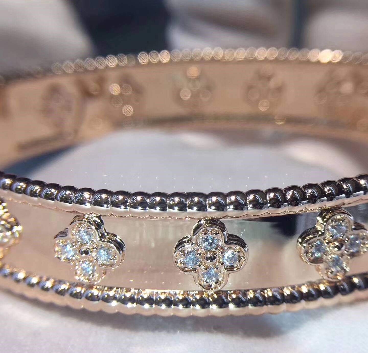 Customized VCA Perlee Diamond Clover Rose Gold Bangle Bracelet