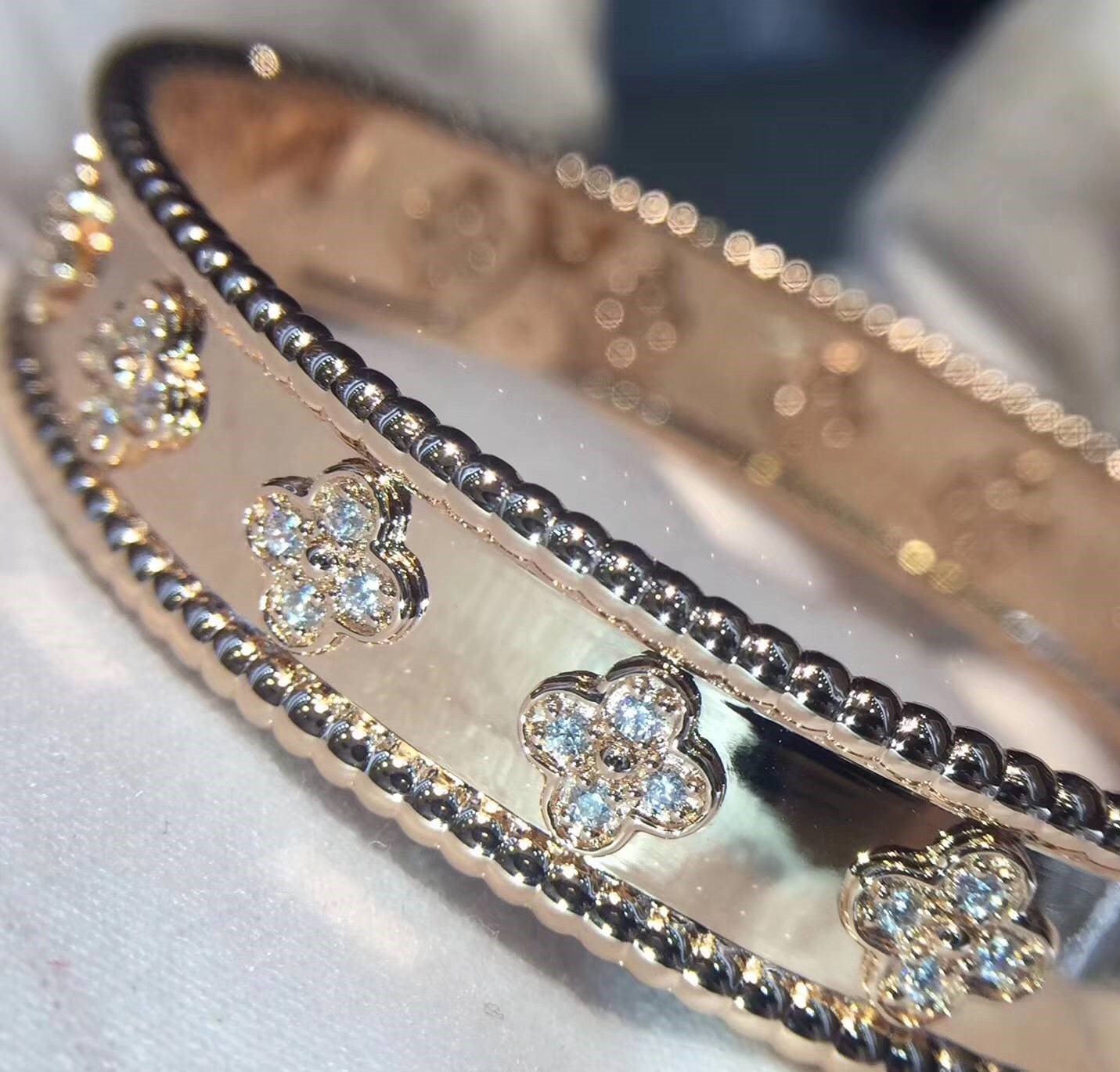 Customized VCA Perlee Diamond Clover Rose Gold Bangle Bracelet