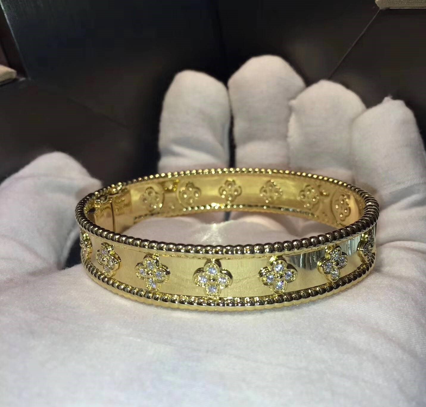 Customized VCA Perlee Diamond Clover Yellow Gold Bangle Bracelet