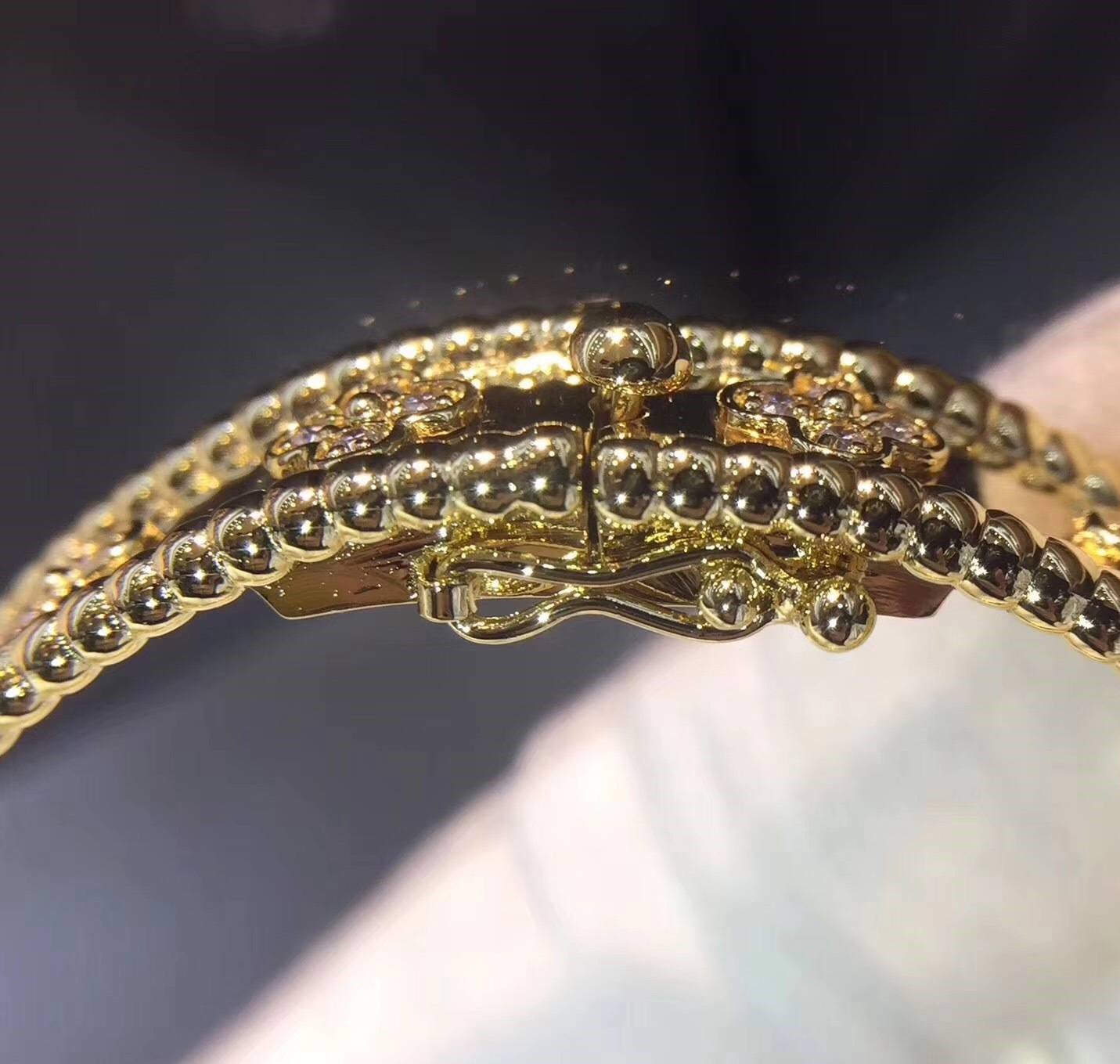Customized VCA Perlee Diamond Clover Yellow Gold Bangle Bracelet