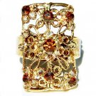 Gold Brown Swarovski Crystal Cutout Flower Cocktail Ring