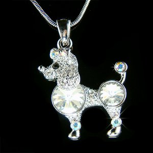 Cute White French Poodle Dog Swarovski Crystal Pendant Necklace