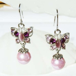 Swarovski Crystal Pearl Purple Butterfly Cute Bridal Earrings
