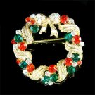 Gold Christmas Wreath Bow Swarovski Crystal Holiday Brooch