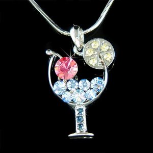 Margarita Wine Glass Cherry Swarovski Blue Crystal Necklace