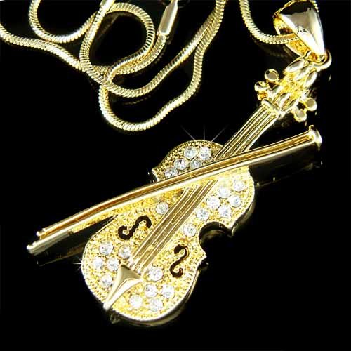Gold Swarovski Crystal Musical Instrument Violin & Bow Necklace