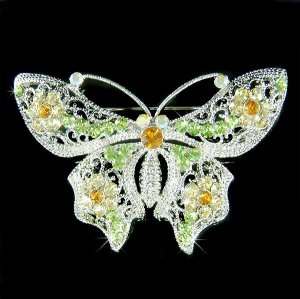 X'mas Green Elegant Filigree Swarovski Crystal Butterfly Brooch