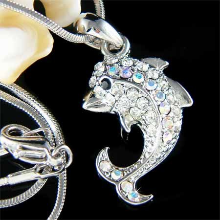 Adorable Swarovski Crystal Clear Dolphin Pendant Necklace