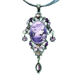 Victorian Purple Swarovski Crystal Cameo Leather Necklace