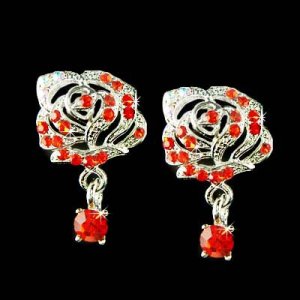 Elegant Swarovski Red Crystal Cutout Rose Flower Stud Earrings
