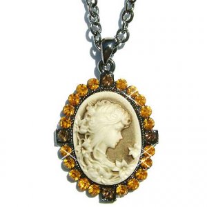 Antique Gold Topaz Swarovski Crystal Cameo Pendant Necklace
