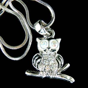 Wisdom Wise Owl Teacher on the branch Swarovski Crystal Necklace