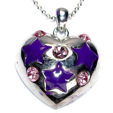 Purple Swarovski Crystal Cute Puffed Heart Star Pendant Necklace