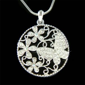 Swarovski Crystal Filigree Round Swirl Flower Butterfly Necklace