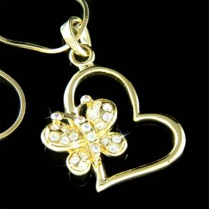Gold Cut-out Heart Butterfly Swarovski Crystal Pendant Necklace